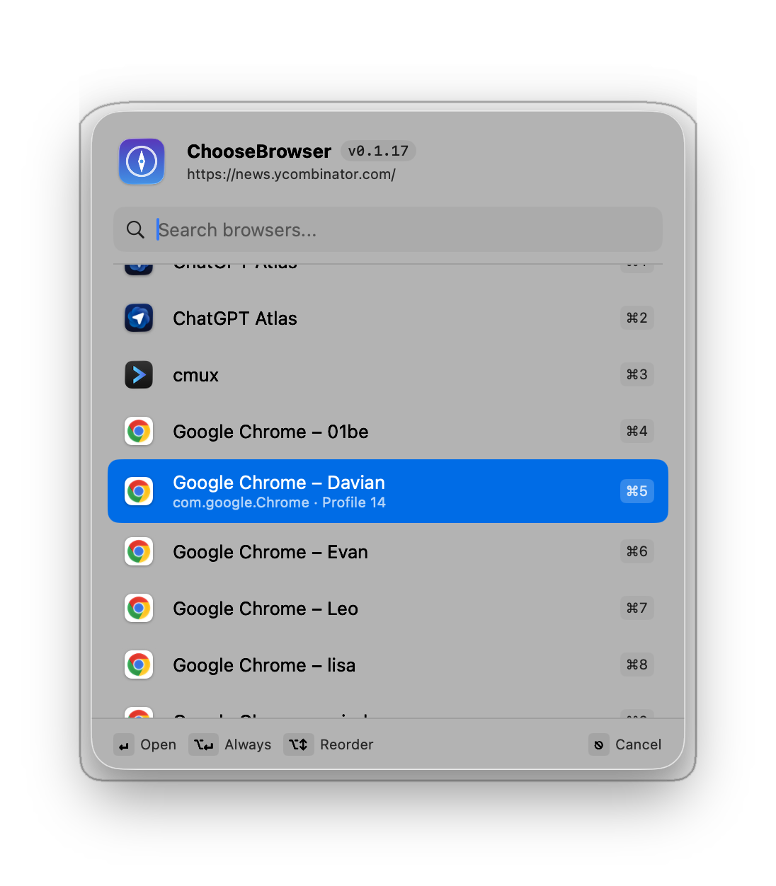 Chrome プロファイルごとに行が分かれた Choose Browser のピッカー