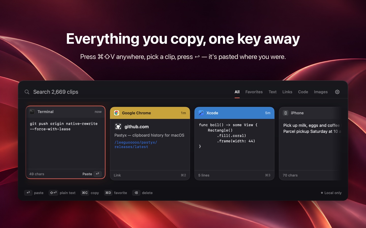 The Pastyx shelf: press ⌘⇧V to search and paste anything you copied